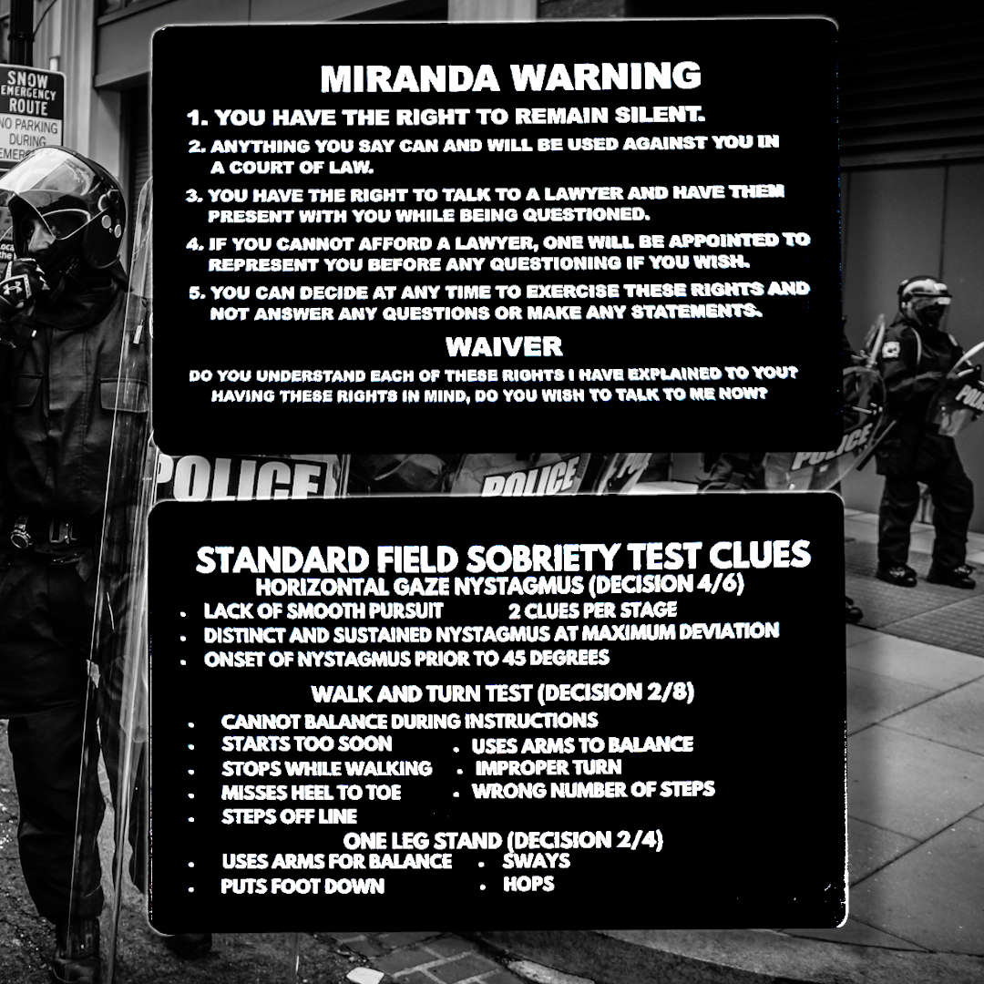 Miranda Rights/Warning and Standard Field Sobriety (SFST) Clue Card