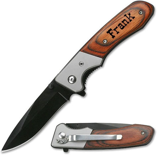7" Stainless Wood Spring Assisted Open Folding Pocket Knife - Black Blade - Mid Missouri Laser 