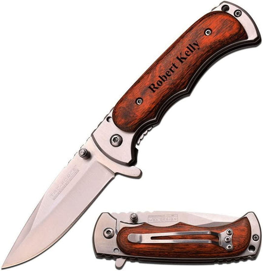 7" Stainless Wood Spring Assisted Open Folding Pocket Knife - Mid Missouri Laser 