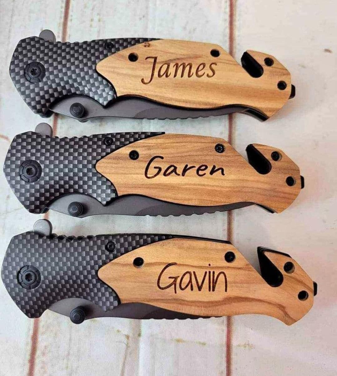 Tactical Pocket Knife - Wood Grip - Mid Missouri Laser 